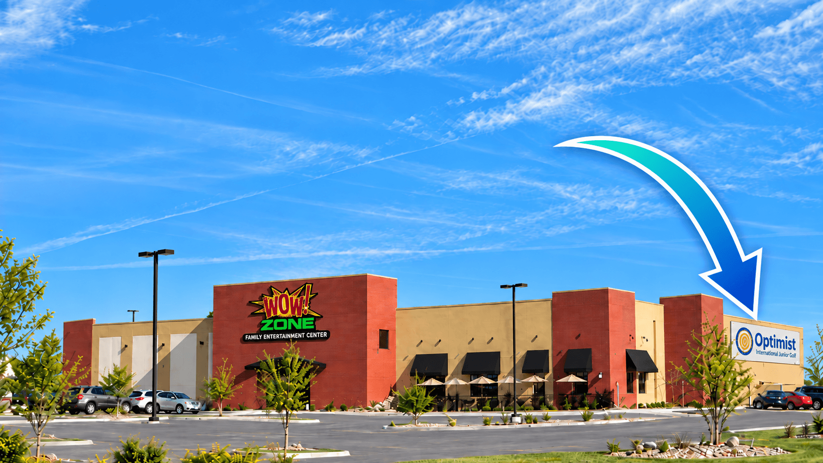The Wow Zone restaurant entrance, with an arrow pointing to the meeting room
